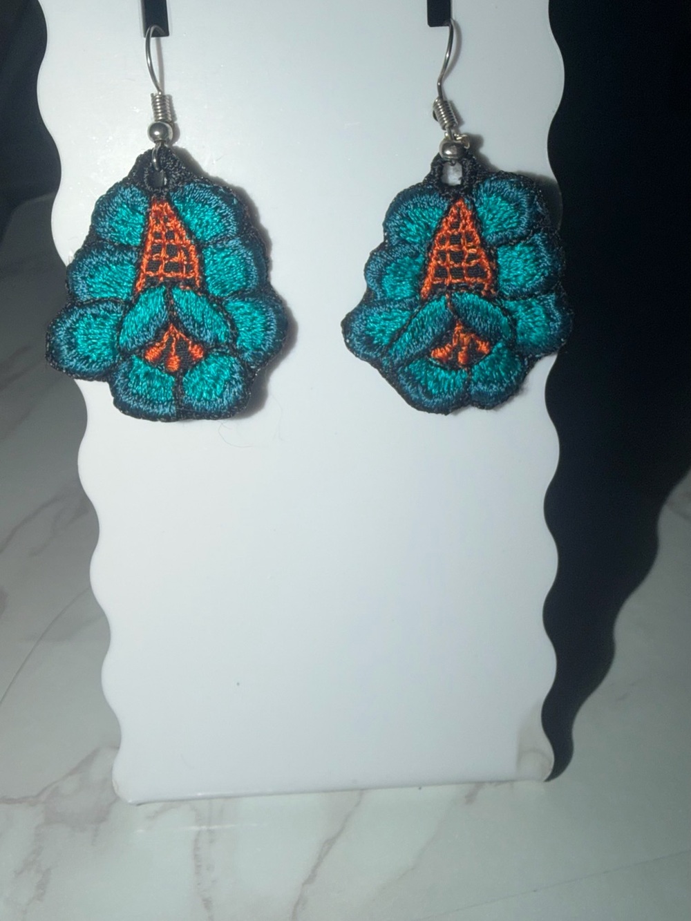 Teal and Orange Floral Embroidered Drop Earrings - Women Jewelry